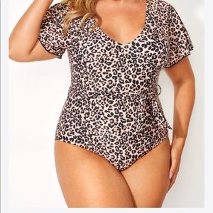 Leopard Printed One Piece Swimsuit with Sleeves